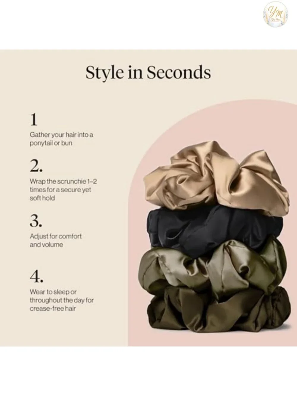 Satin Scrunchies for Women, 4 Pack - Soft, Creaseless, Gentle Hold Hair Ties